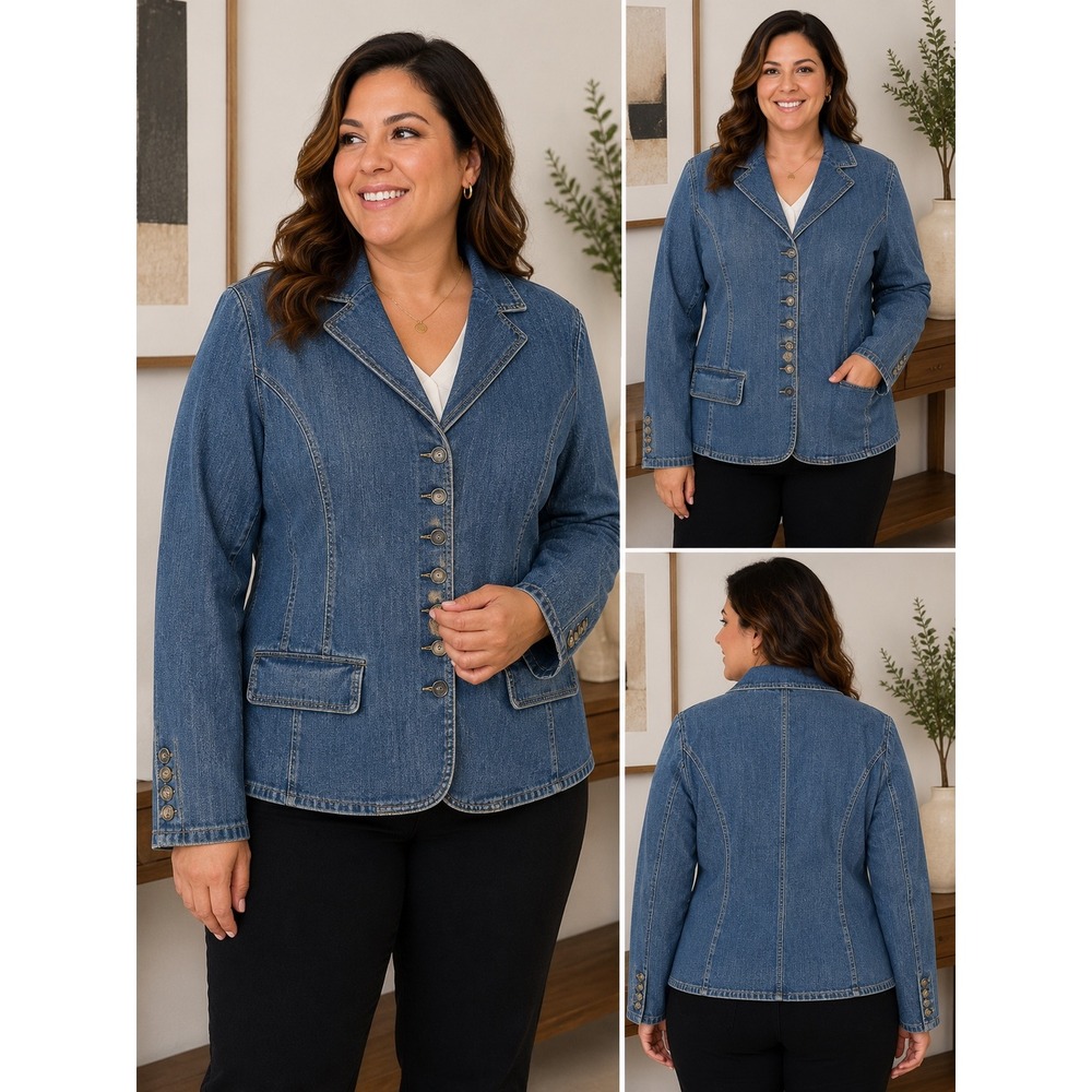 Liz Claiborne Woman Blue Denim Blazer Jacket Button Front Plus Size 2X Cotton